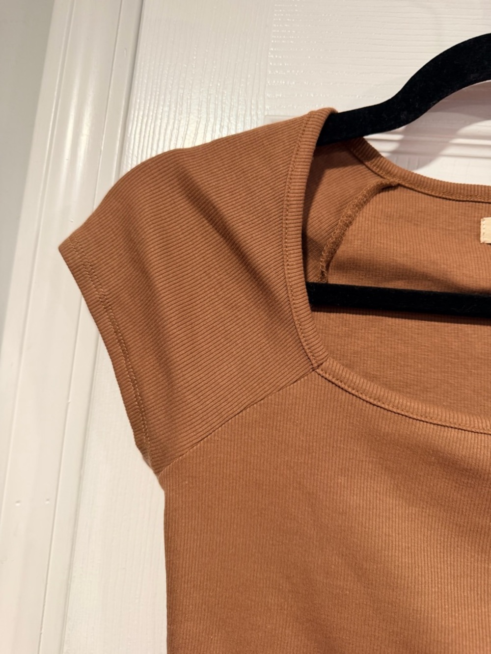 NWOT Madewell Size S Brown Square Neck Short Sleeve Ribbed Stretch Cropped Top - Picture 5 of 8